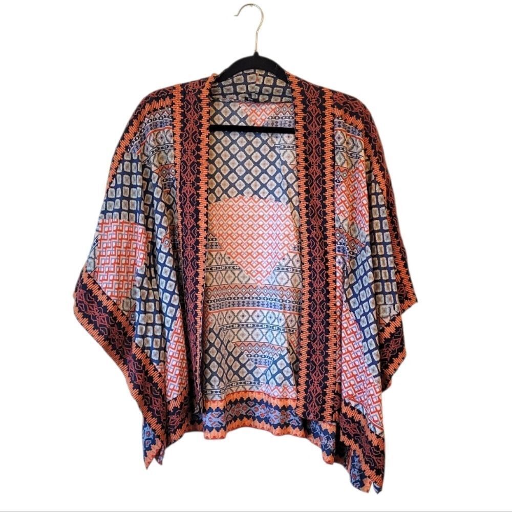 Tolani Women's Blue & Orange Tribal Embroidered Kimono OS